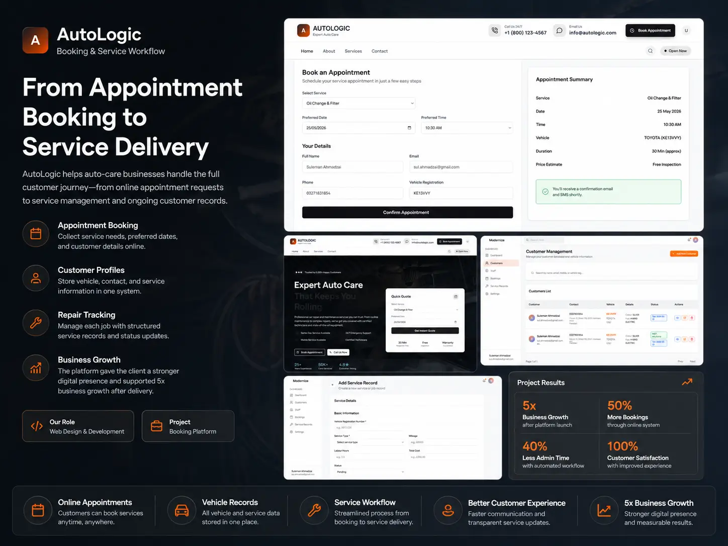 AutoLogic before-and-after job photos and customer update screens