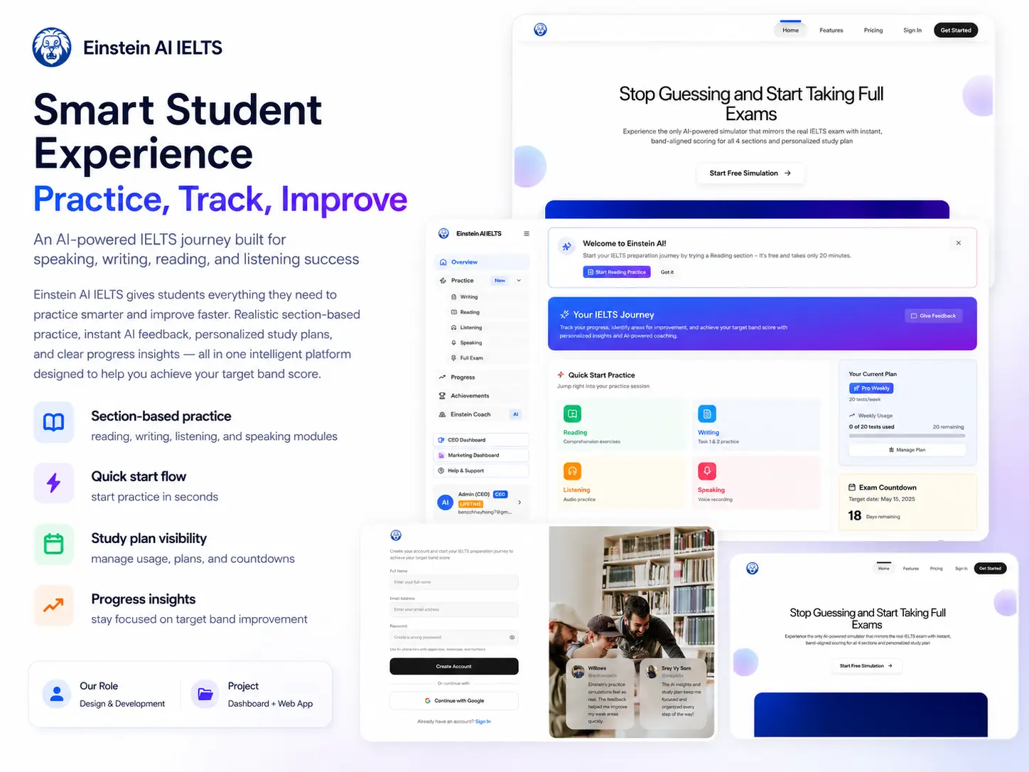 Einstein AI IELTS speaking practice screen with AI feedback
