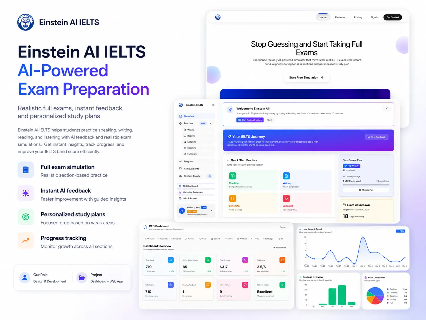 Einstein AI IELTS exam simulation and personalized study plan view