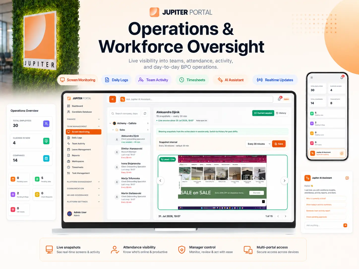 Jupiter Portal management portal with team activity and screen monitoring panels