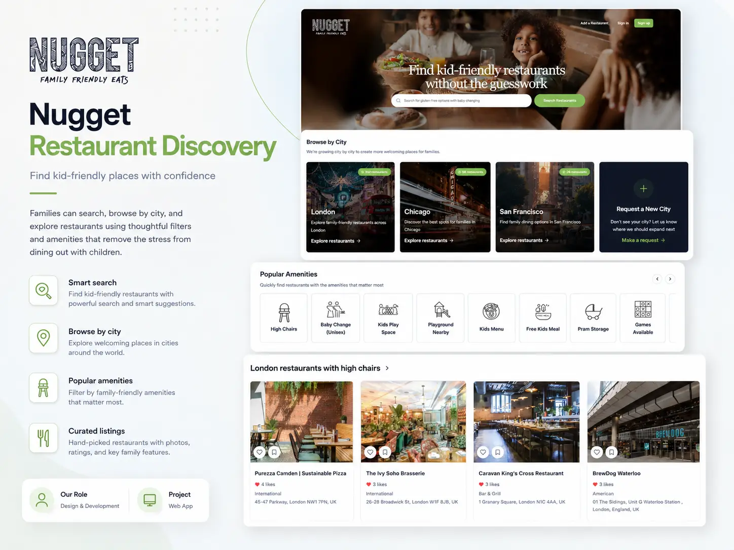 Nugget restaurant detail page with photos, amenities, and reviews