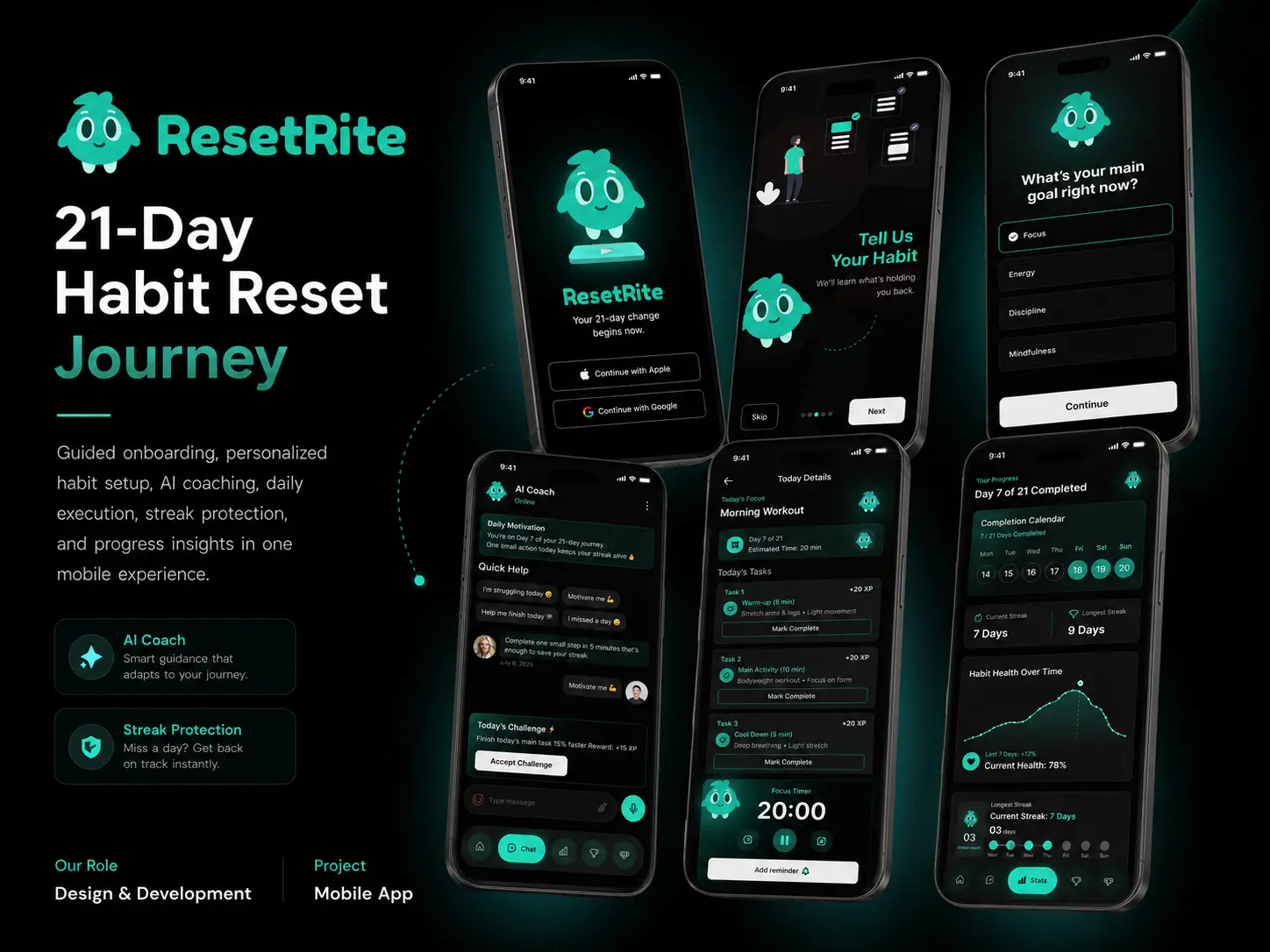 ResetRite web landing page with mobile app showcases