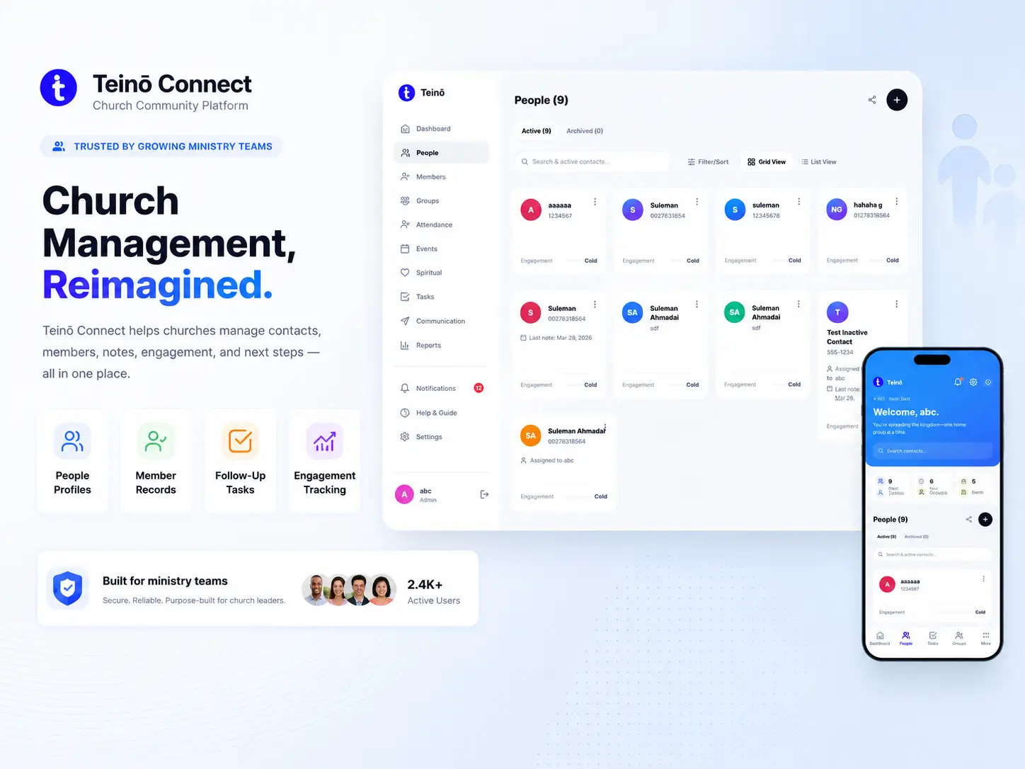 TeinoConnect small groups and member profiles with follow-up tasks