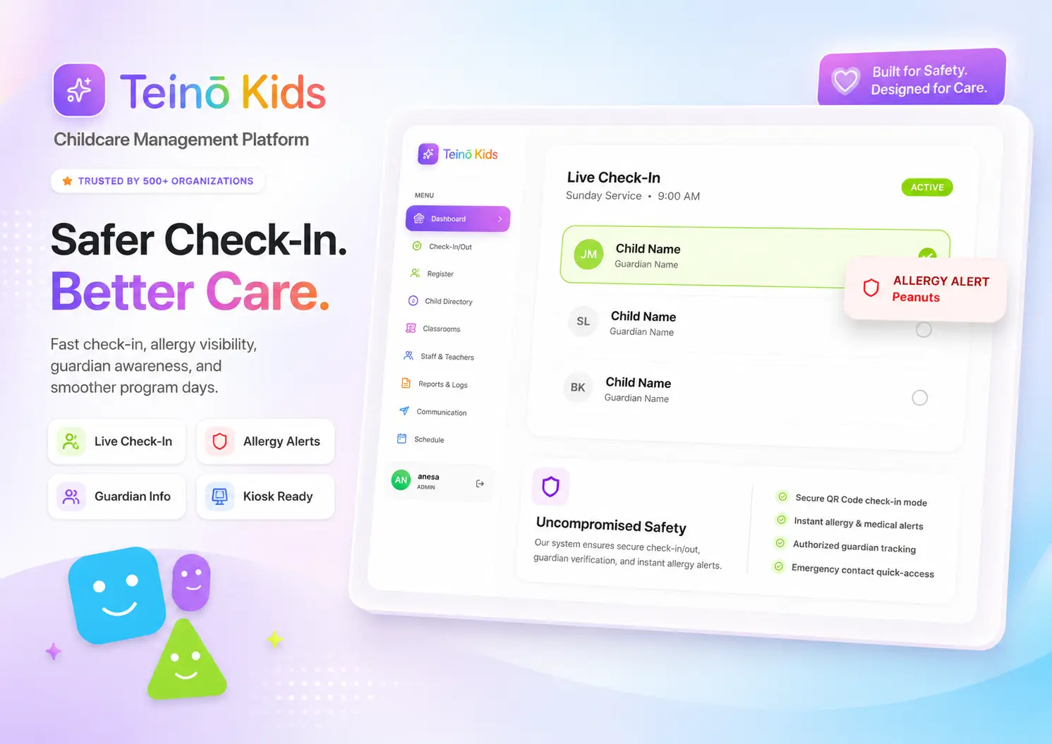 TeinoKids kiosk-ready check-in flow on tablet