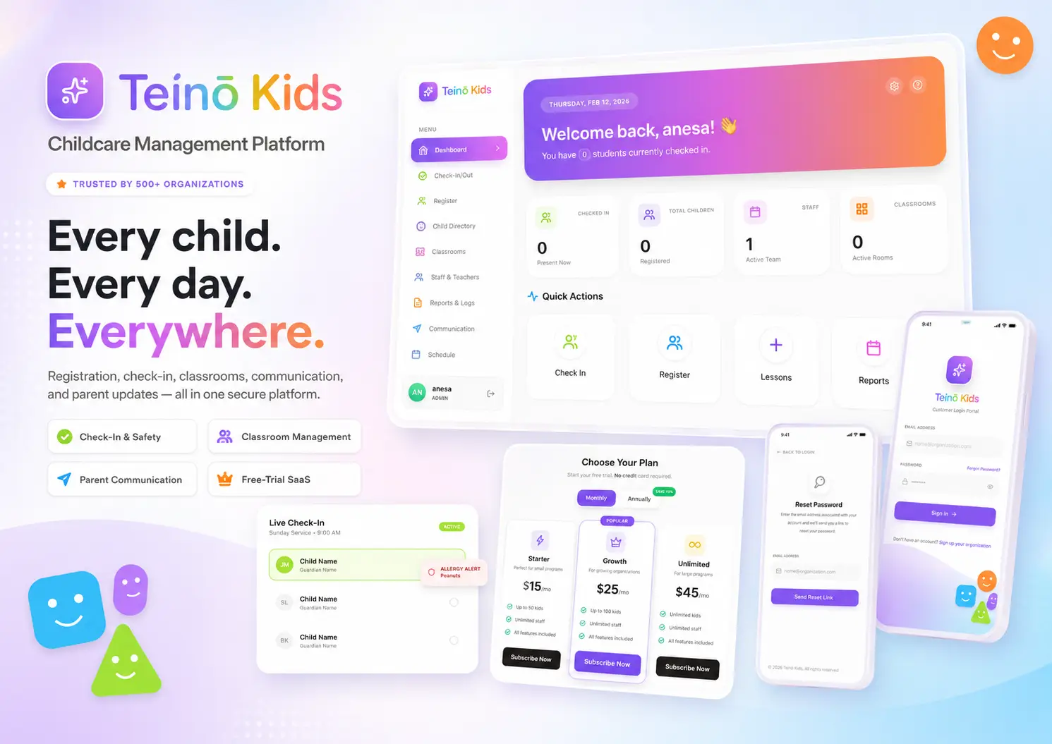 TeinoKids childcare platform overview with classroom and check-in tooling